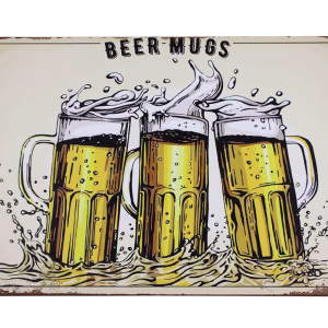 Metalen Bord Beer Mugs met drie bierpullen 30x20 cm