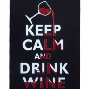 Metalen Bord Keep Calm and Drink Wine met wijnglas en rode wijn op zwarte achtergrond 30x20 cm