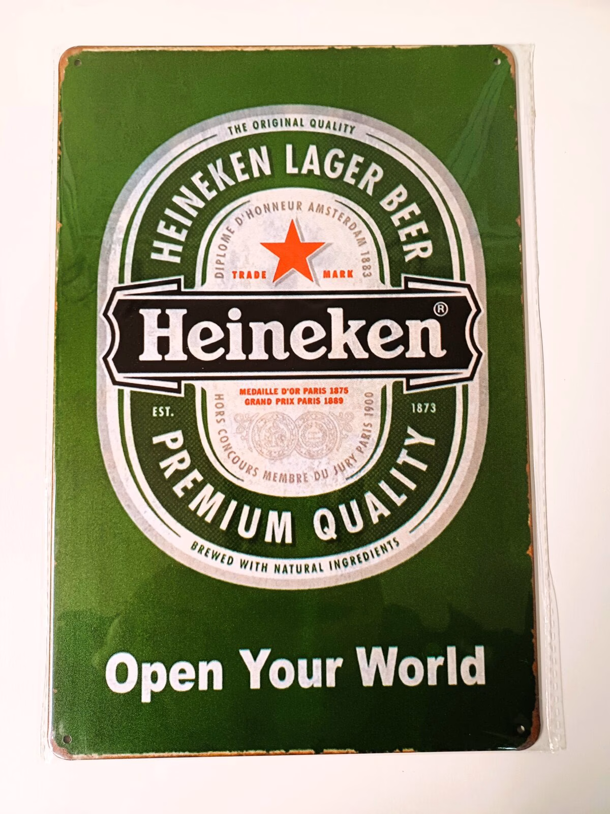 Metalen Bord Heineken Open Your World – Bierdecoratie 30x20 cm 1 Metalen Bord Heineken Open Your World bierdecoratie voor mancave en thuisbar 30x20 cm