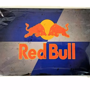 Metalen Bord Red Bull met iconisch logo van twee rode stieren op blauwe achtergrond 30x20 cm
