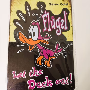 Metalen Bord Flügel Let The Duck Out met roze eend en feestelijk ontwerp 30x20 cm