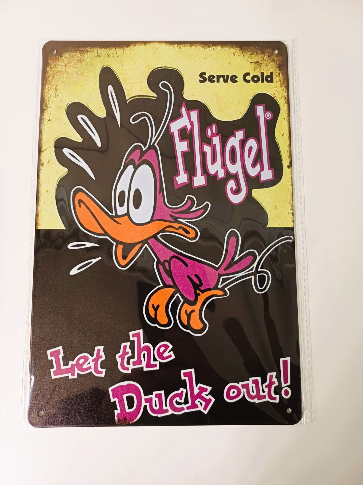 Metalen Bord Flügel Let The Duck Out 30x20 cm 1 Metalen Bord Flügel Let The Duck Out met roze eend en feestelijk ontwerp 30x20 cm