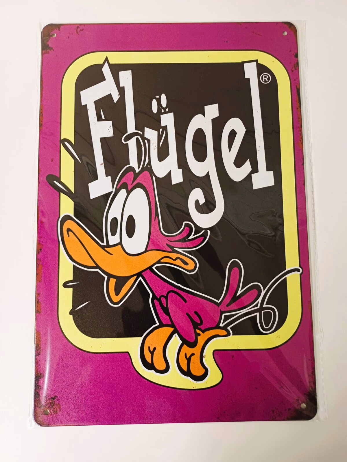 Metalen Bord Flügel Eend 30x20 cm 1 Metalen Bord Flügel met roze eend en kleurrijk feestelijk ontwerp 30x20 cm