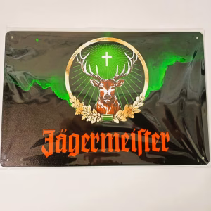 Metalen Bord Jägermeister met hertenkop logo en groene achtergrond 30x20 cm