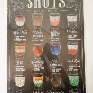 Metalen Bord Shots Menu met overzicht van populaire shots en cocktails