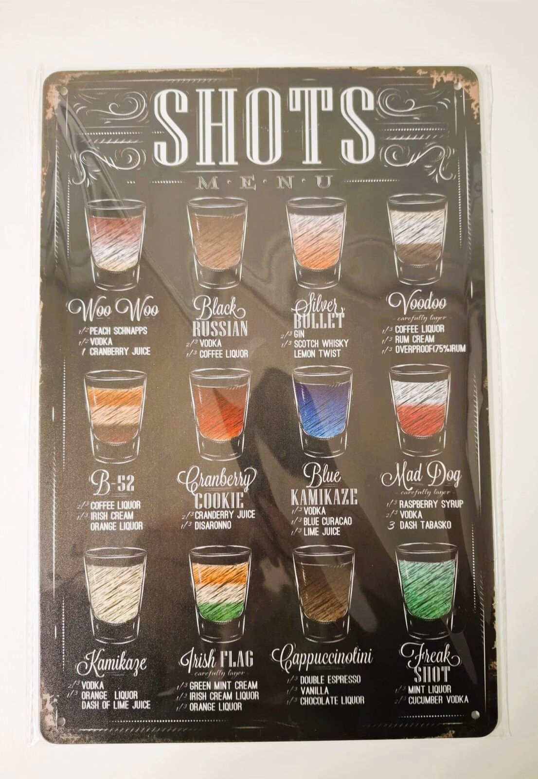 Metalen Bord Shots Menu 30x20 cm 1 Metalen Bord Shots Menu met overzicht van populaire shots en cocktails