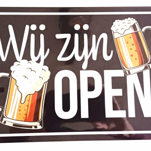 Metalen bord Wij Zijn Open met bierglazen bier decoratie 30x20 cm
