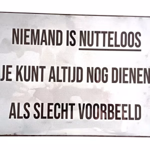 Metalen bord niemand is nutteloos je kunt altijd nog dienen als slecht voorbeeld 30x20 cm