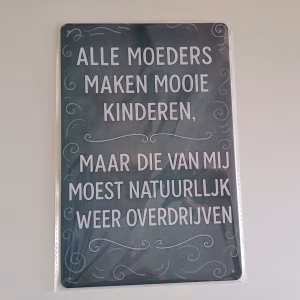 Metalen Bord Alle Moeders Maken Mooie Kinderen maar die van mij moest natuurlijk weer overdrijven 30x20 cm
