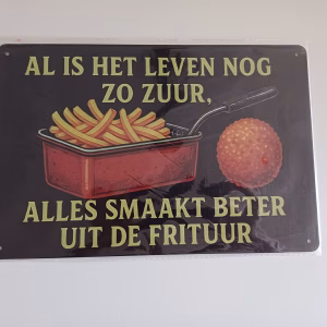 Metalen Bord Al Is Het Leven Nog Zo Zuur Alles Smaakt Beter Uit De Frituur met frietjes en bitterbal 30x20 cm