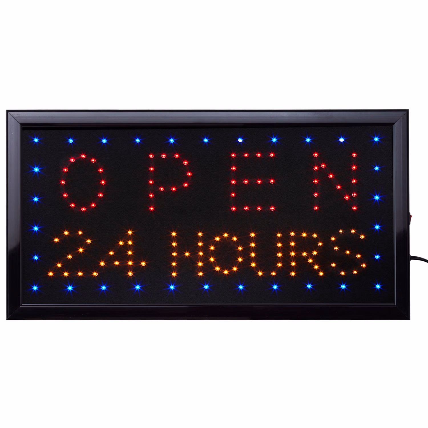 LED Bord Open 24 Hours 50 x 25 cm – Verlichte Wanddecoratie 1 LED Bord Open 24 Hours 50 x 25 cm met blauwe en rode verlichting
